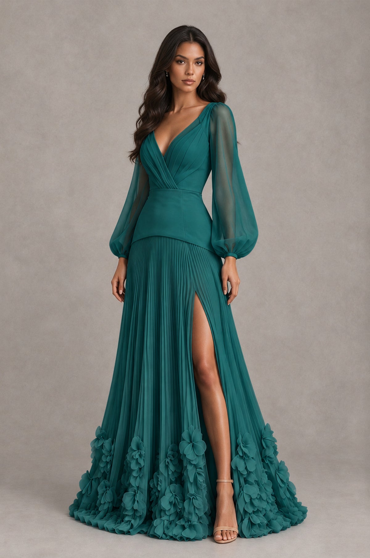 BOLODOO Teal V-Neck Long Sleeve Pleated Floral Hem Evening Dress - Teal - Teal_3