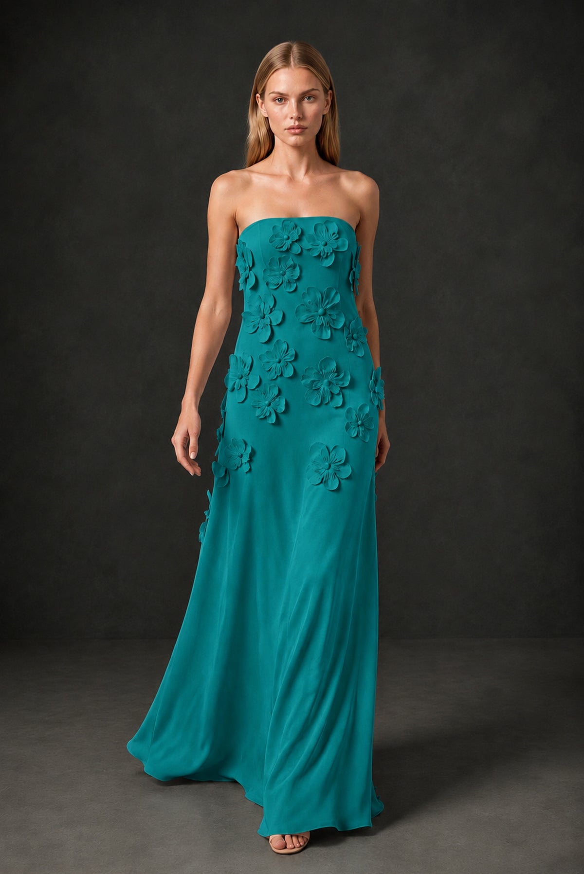 BOLODOO Teal Strapless 3D Floral Appliqué Crepe Maxi Gown - Teal