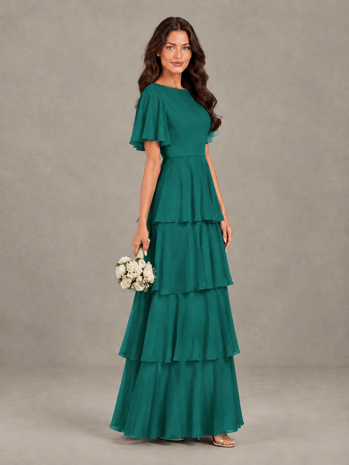 BOLODOO Teal Tiered Flutter Sleeve Bridesmaid Dress - Teal - Teal_3