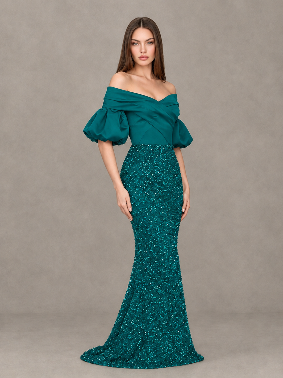 BOLODOO Teal Off-Shoulder Puff Sleeve Sequin Mermaid Evening Dress - Teal - Teal_3