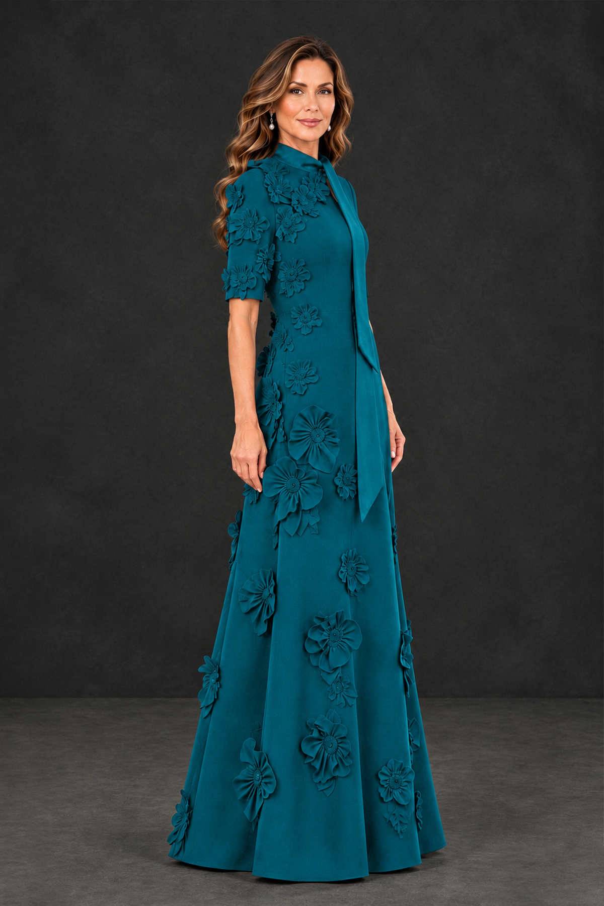 BOLODOO Teal Floral Applique High-Neck Half-Sleeve Gown - Teal - Teal_3
