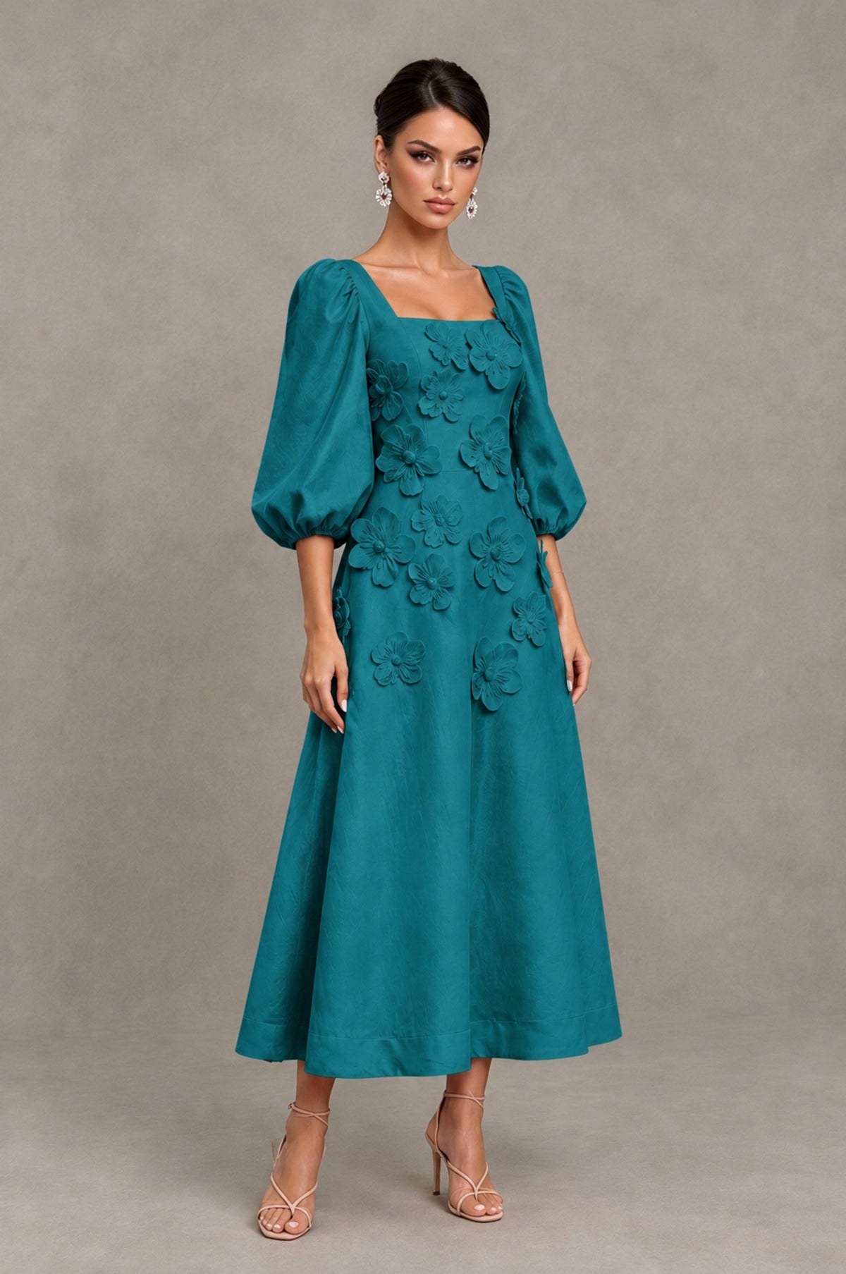 BOLODOO Teal 3D Floral Puff Sleeve Midi Cocktail Dress - Teal - Teal_3