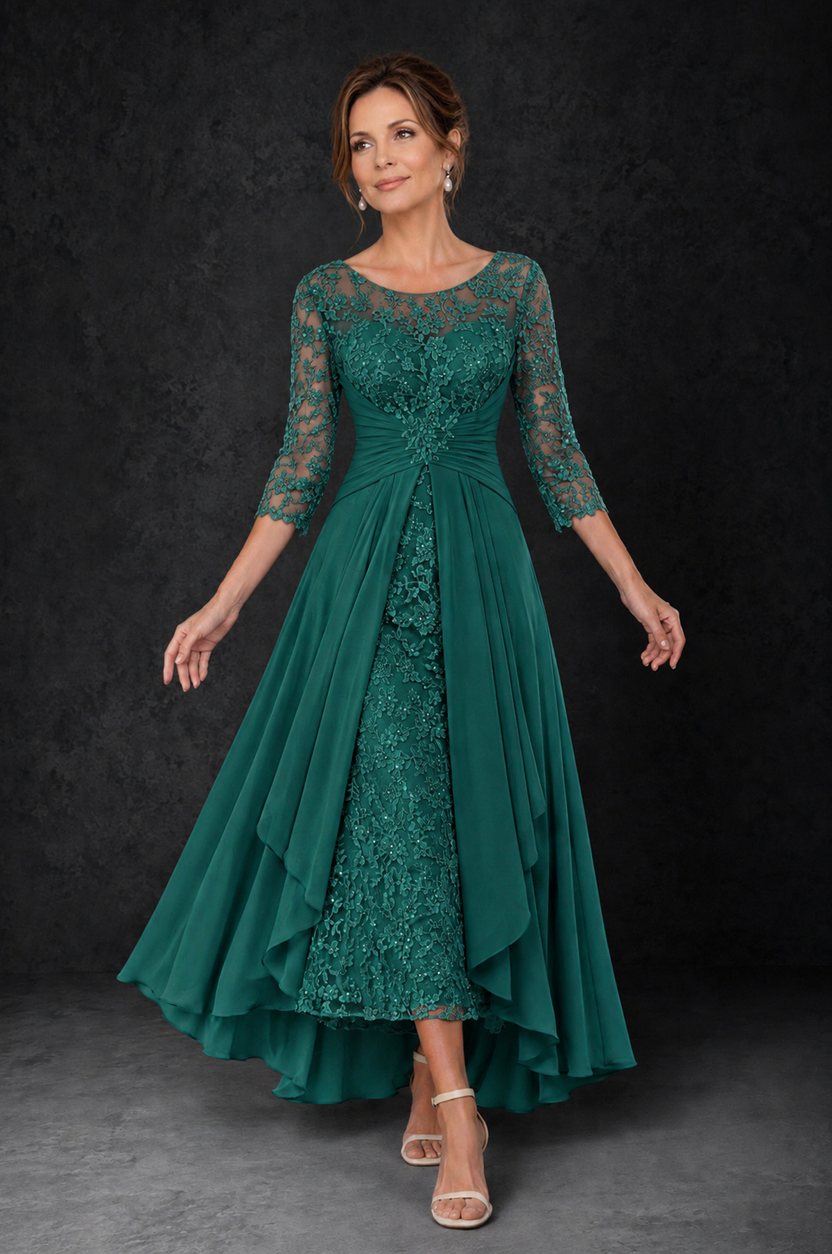 BOLODOO Teal Sequin Lace & Chiffon Tea-Length Mother of the Bride Dress with 3/4 Sleeves - Teal