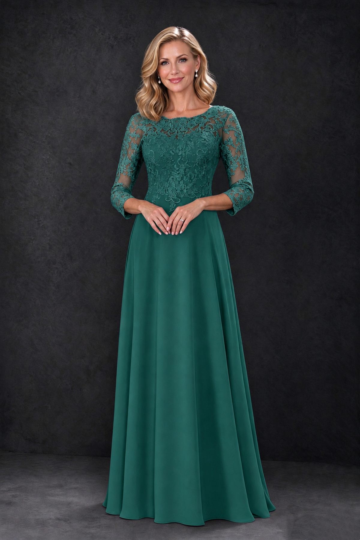 BOLODOO Teal Lace Embroidered Mother of the Bride Dress with 3/4 Sleeves - Teal - Teal_3