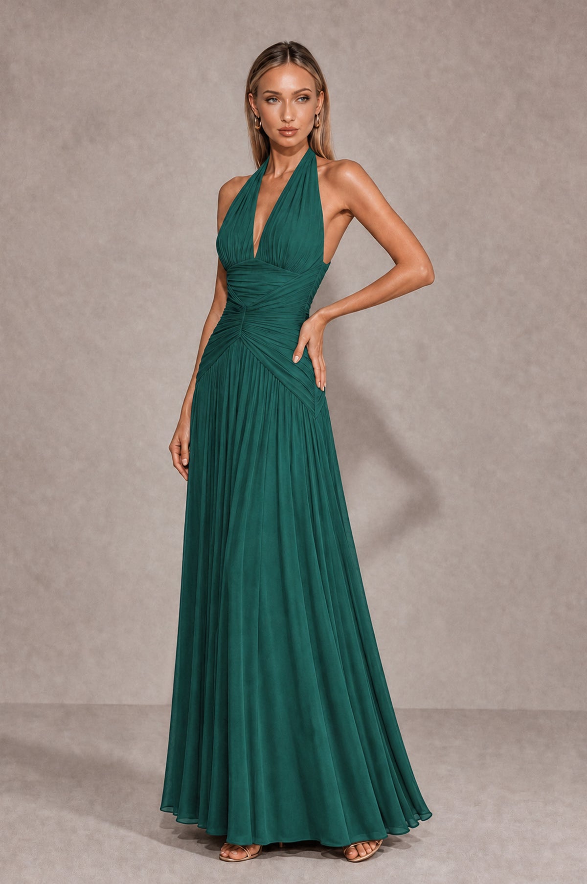 BOLODOO Teal Chiffon Halter Deep V-Neck Ruched A-Line Backless Maxi Dress with Train-BD0167 - Teal - Teal_3