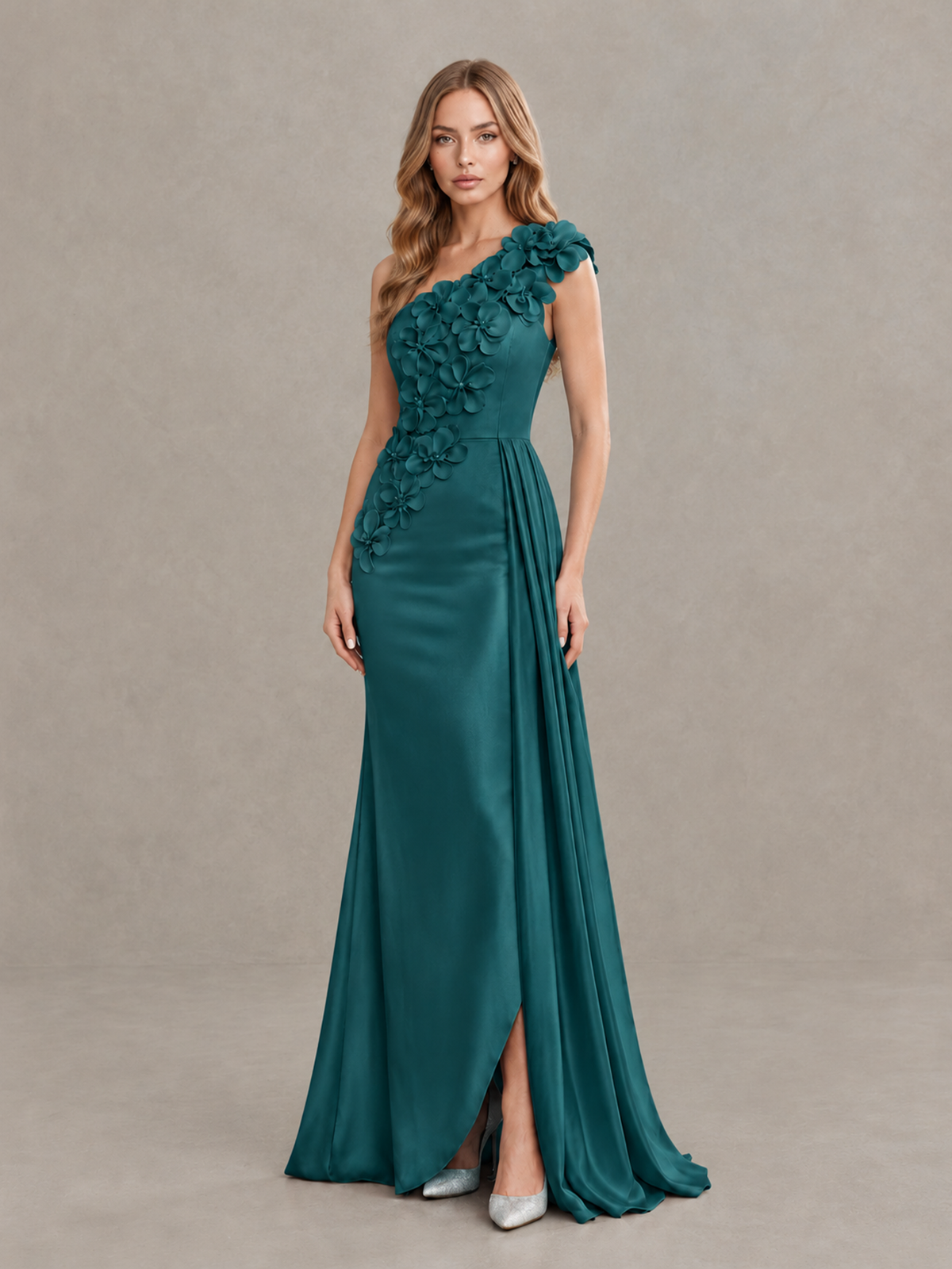 BOLODOO Teal One-Shoulder Satin Mermaid Evening Gown with 3D Floral Appliqué - Teal - Teal_3