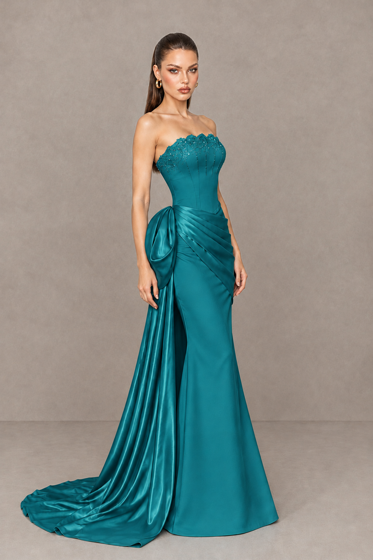 BOLODOO Teal Strapless Satin Prom Dress with Draped Side Train - Teal - Teal_3