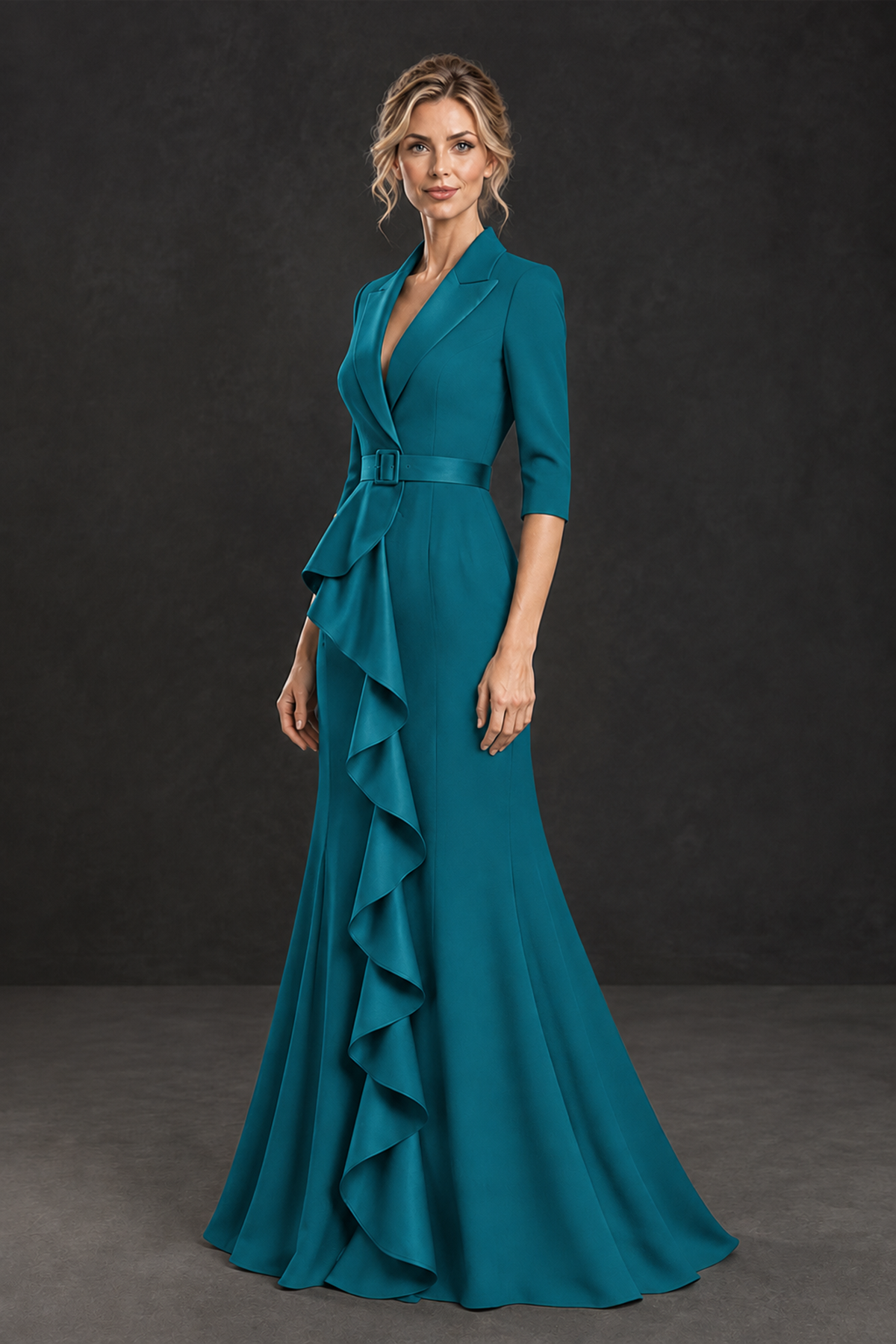 BOLODOO Teal Lapel Ruffle Mother of the Bride Dress with Belt - Teal - Teal_3