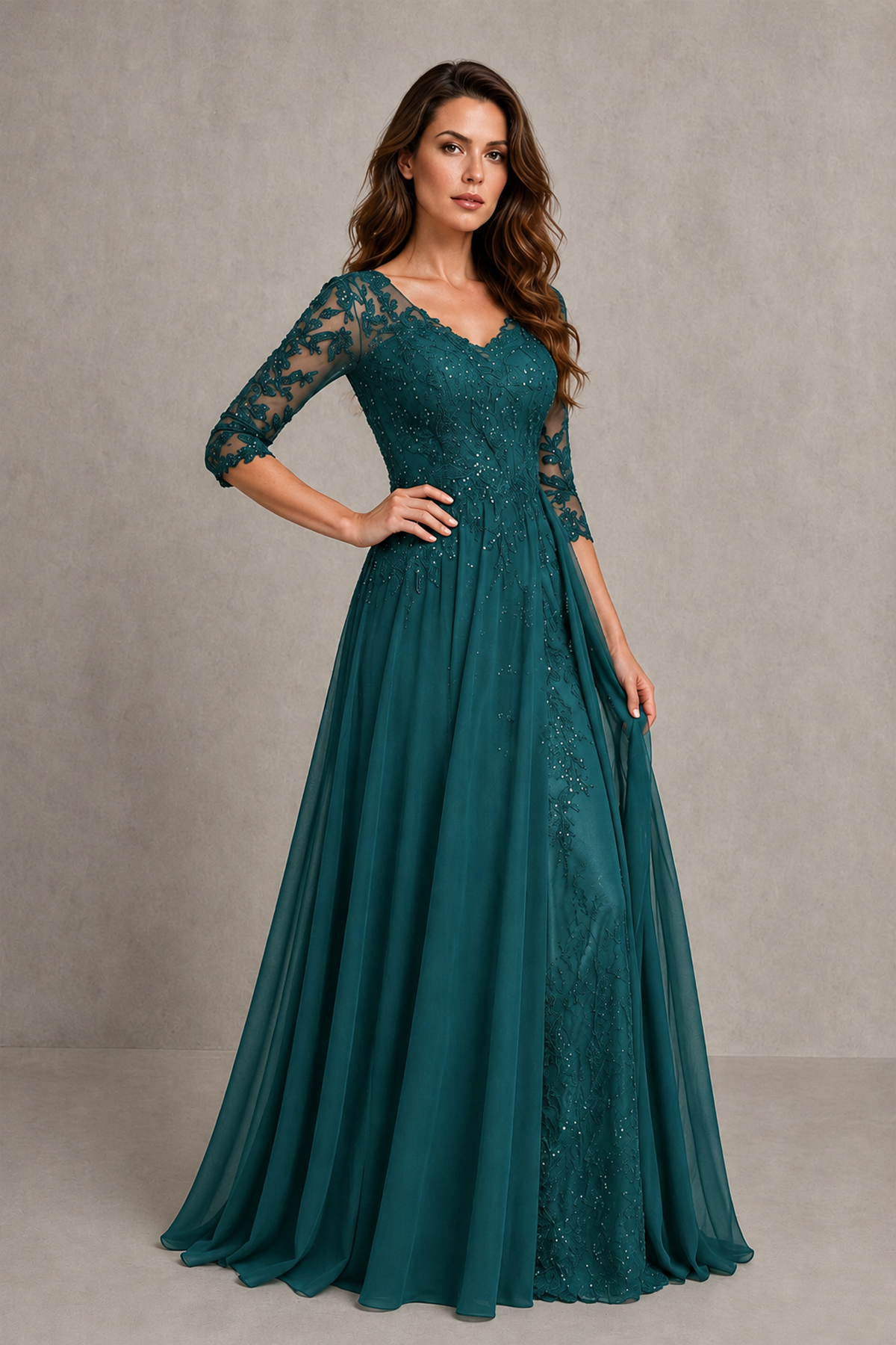 BOLODOO Midnight Teal Beaded Lace Appliqué Chiffon A-Line Gown | Mother of the Bride & Formal Evening Dress - Teal - Teal_3