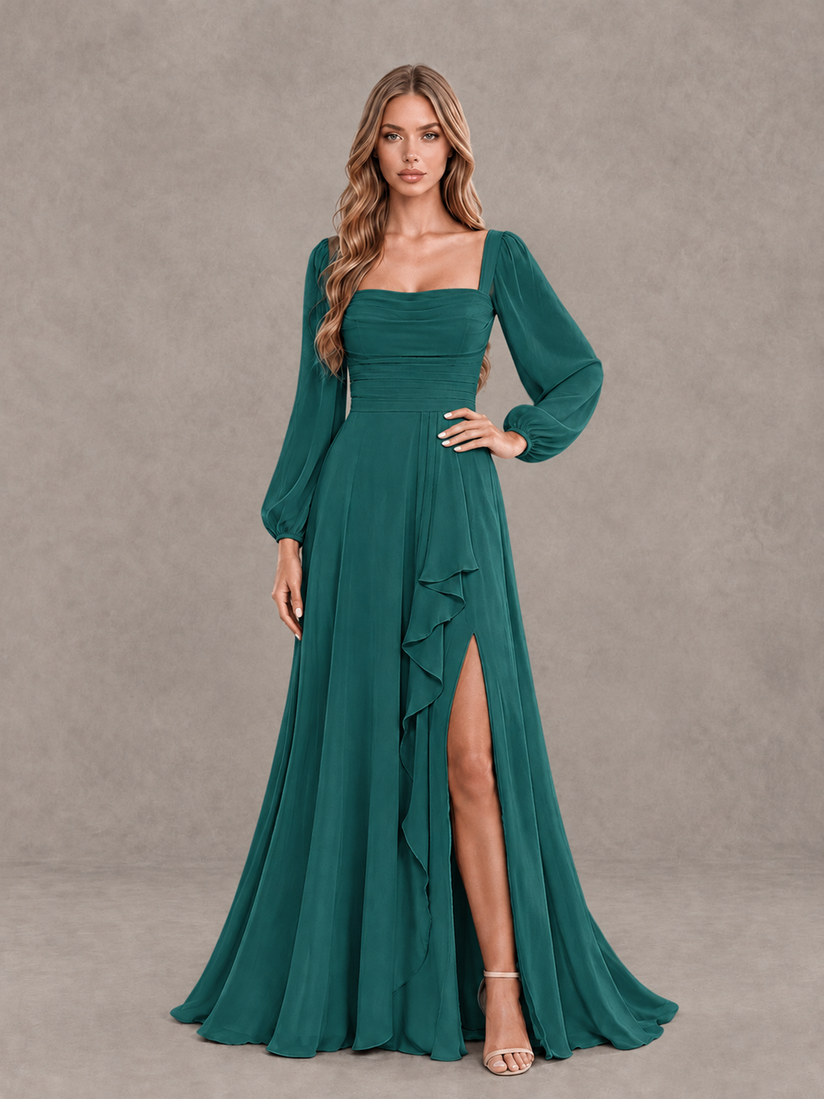BOLODOO Teal Square Neck Long Sleeve Bridesmaid Dress with Ruffle Slit - Teal - Teal_3