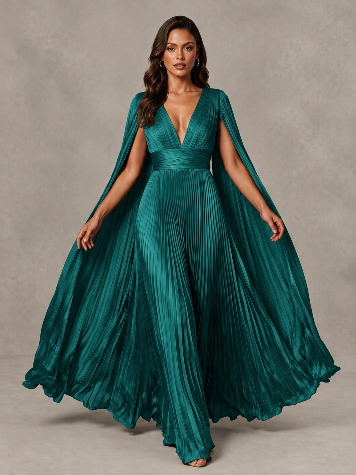 BOLODOO Teal Deep V-Neck Pleated Cape Sleeve Evening Gown - Teal - Teal_3