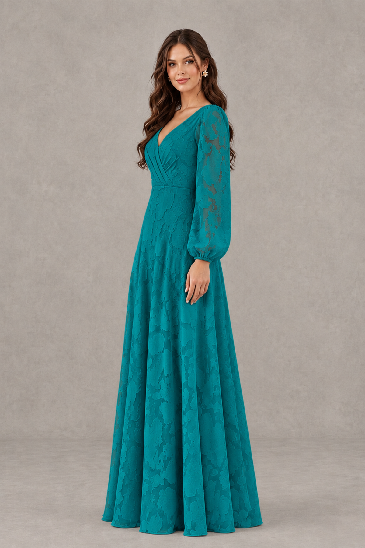 BOLODOO Teal Long Sleeve V-Neck A-Line Mother of the Bride Dress - Teal - Teal_3