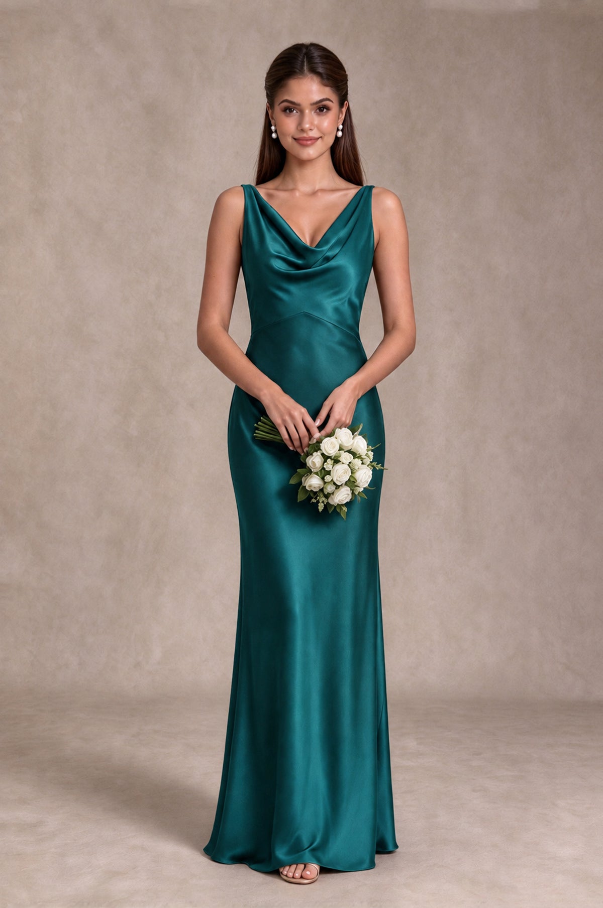 BOLODOO Teal Cowl Neck Open Back Satin Bridesmaid Dress - Teal - Teal_3
