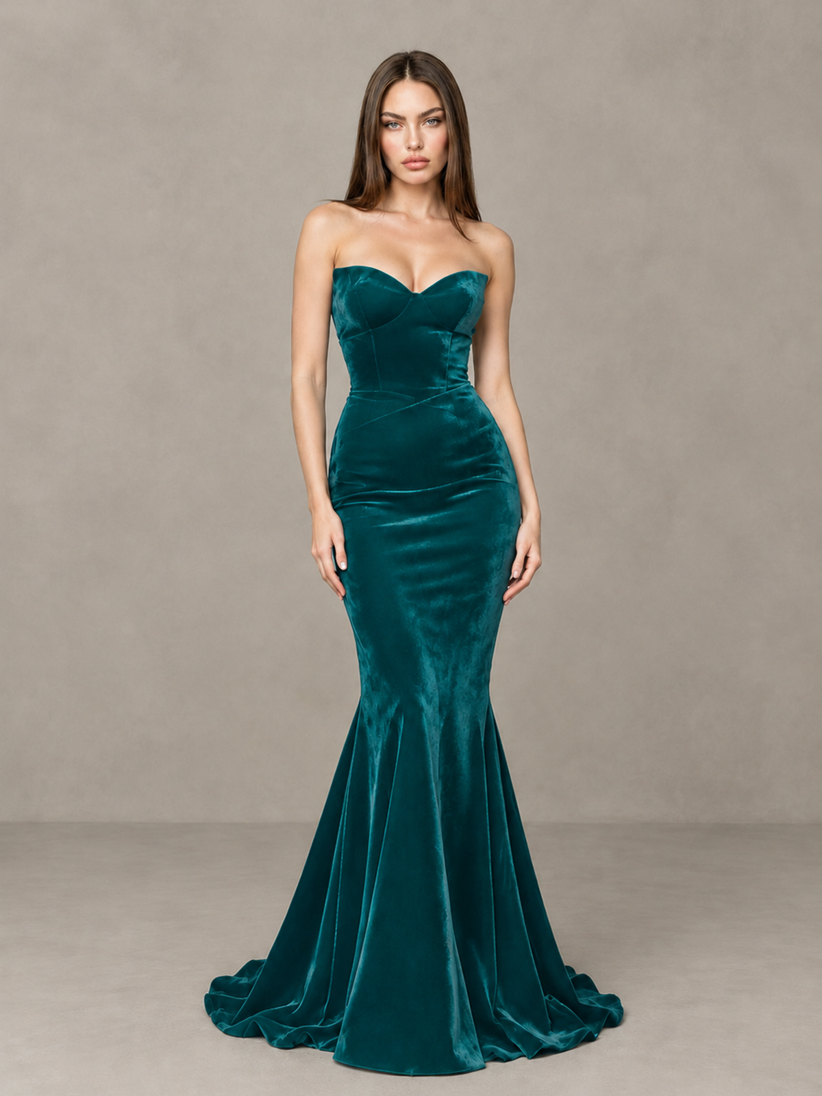 BOLODOO Teal Strapless Sweetheart Velvet-Look Mermaid Evening Dress - Teal - Teal_3