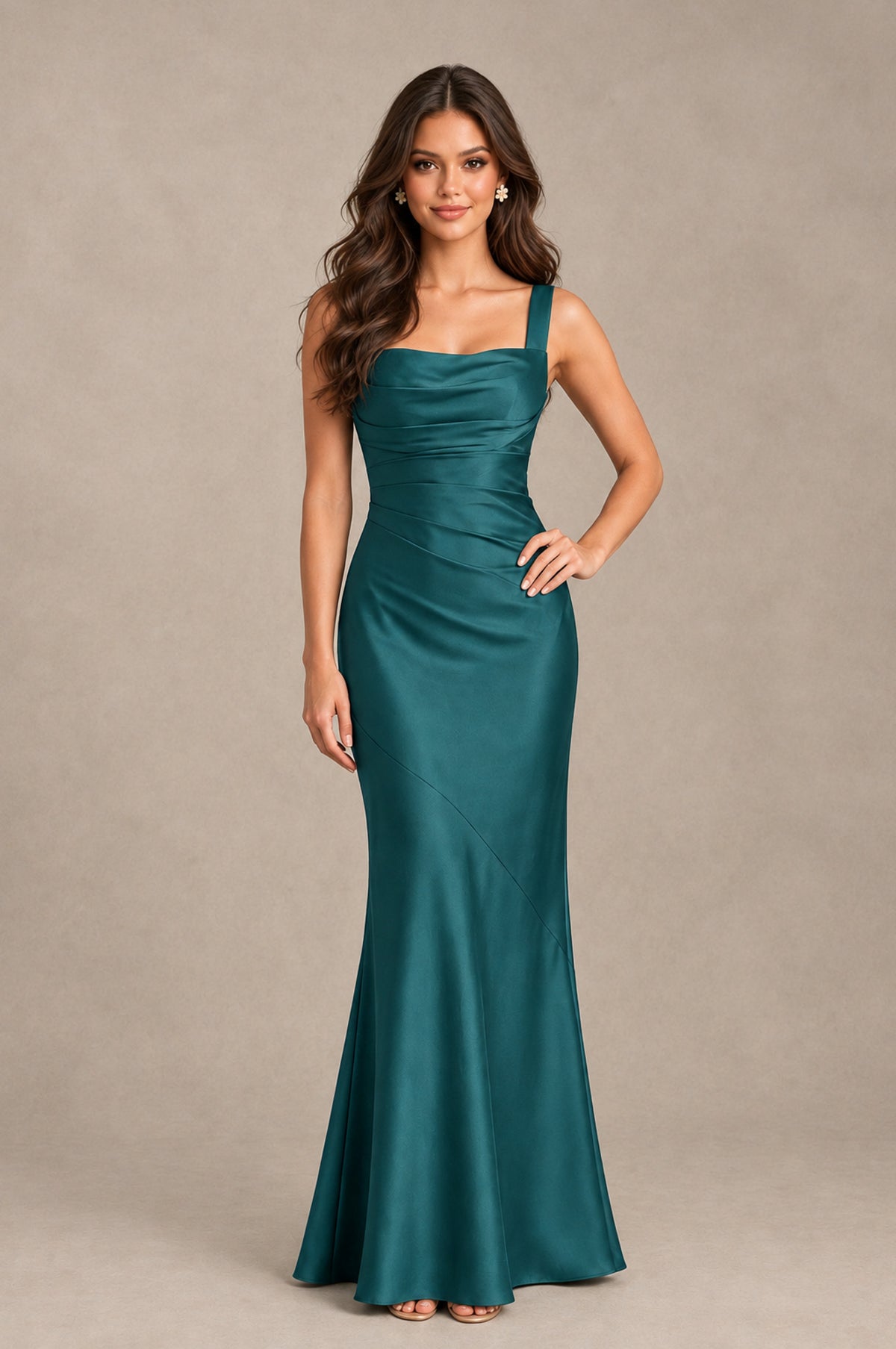 BOLODOO Teal Square Neck Ruched Satin Lace-Up Bridesmaid Dress - Teal - Teal_3