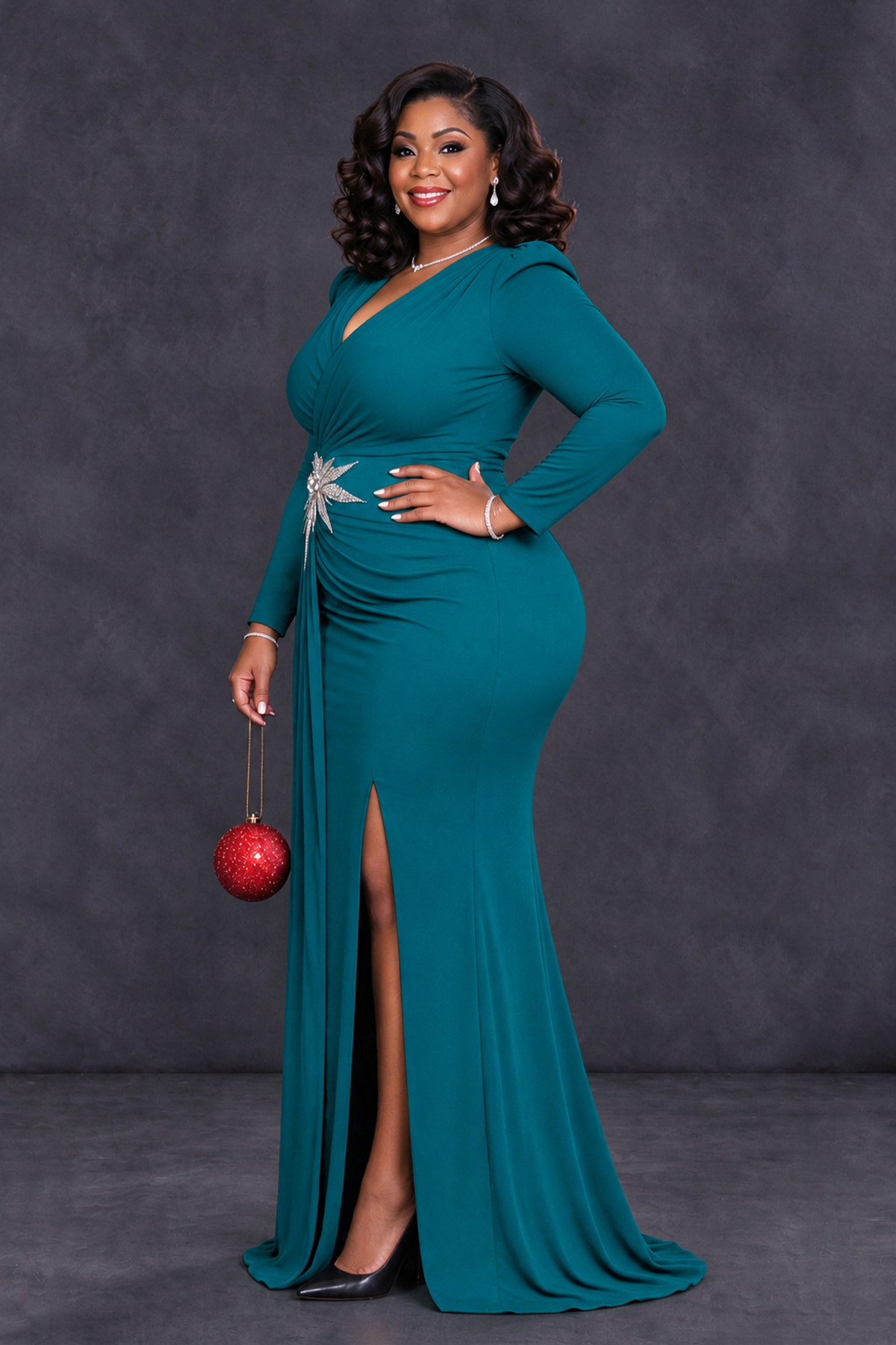 BOLODOO Teal Plus Size Long Sleeve V-Neck Mother of the Bride Dress with Slit - Teal - Teal_3