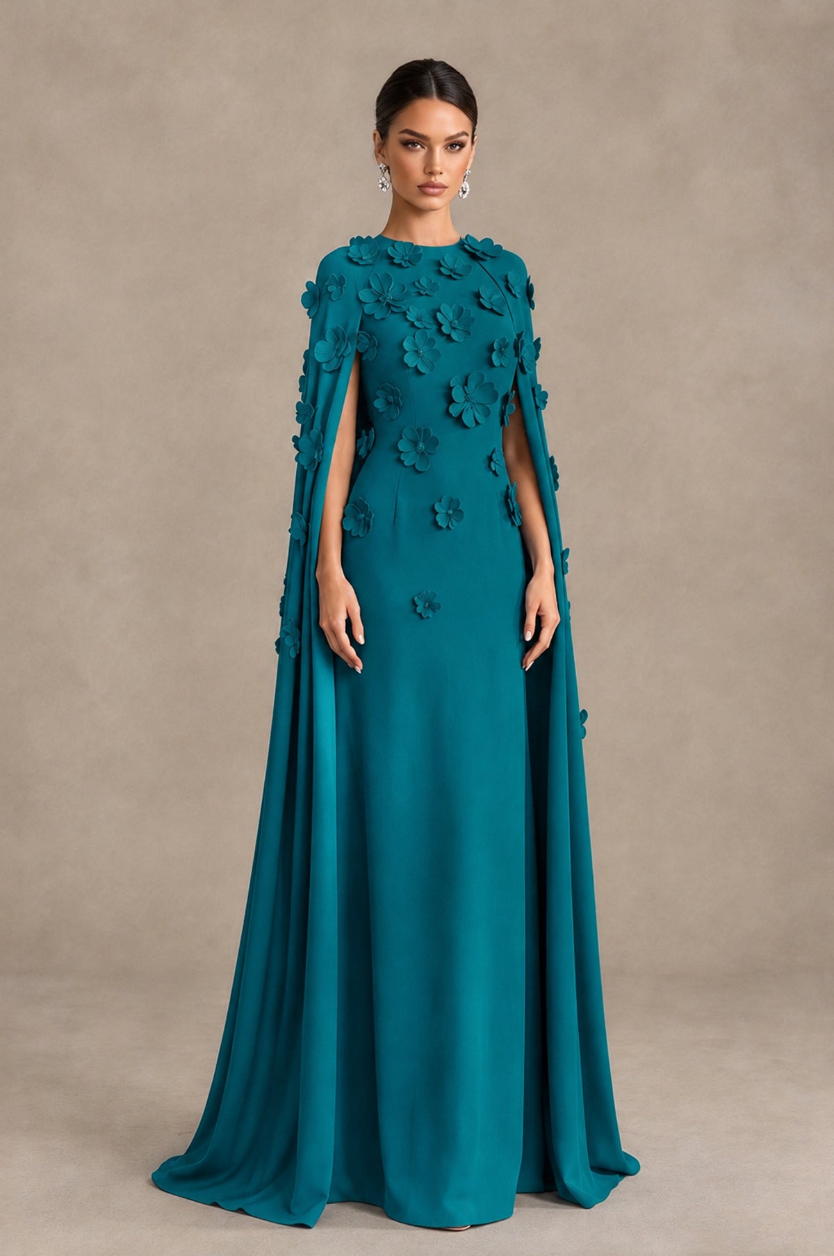 BOLODOO Teal 3D Floral Applique Cape Formal Dress - Teal - Teal_3