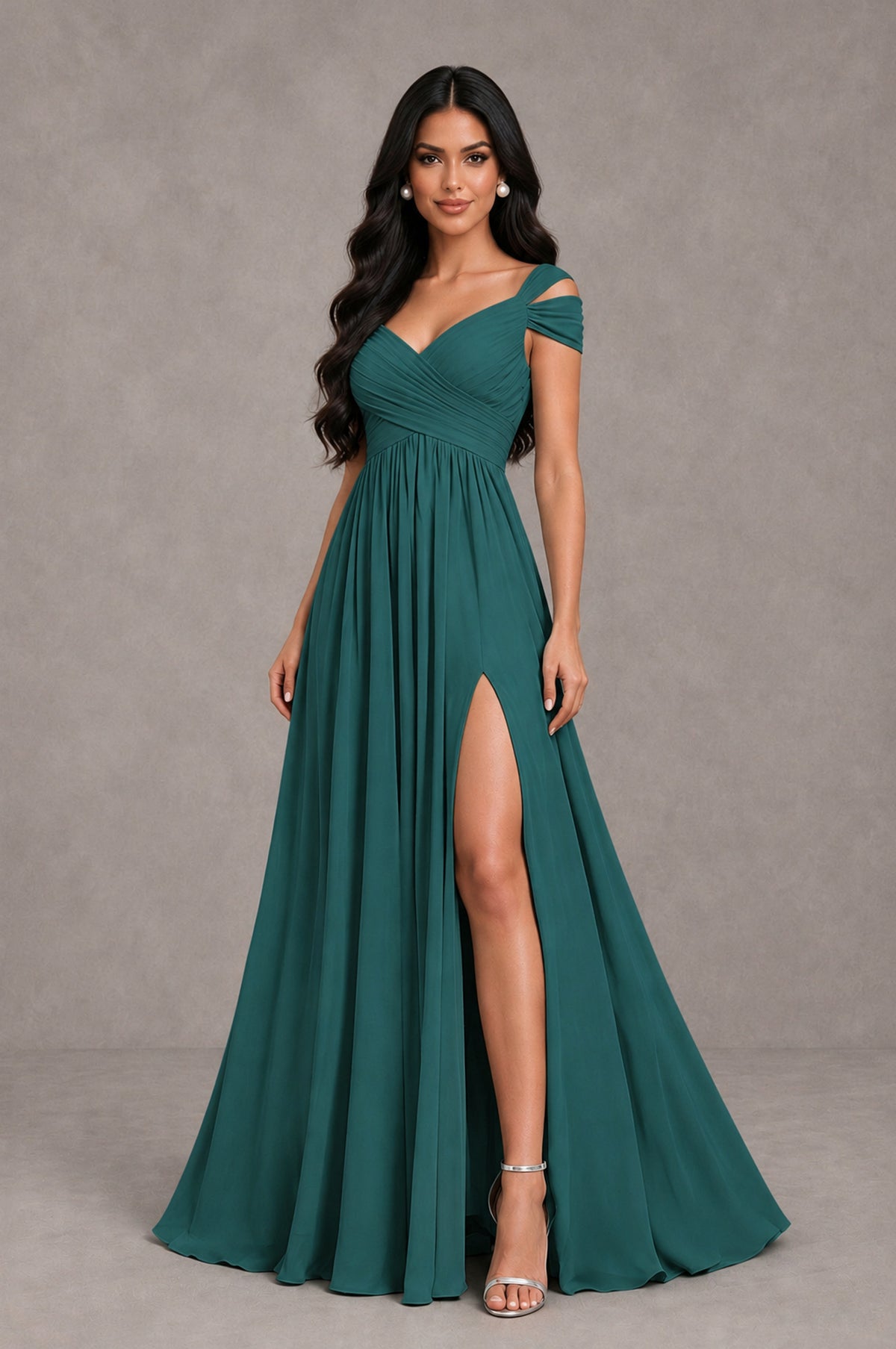BOLODOO Teal Cold Shoulder Chiffon Evening Dress with V Neck and High Slit - Teal - Teal_3