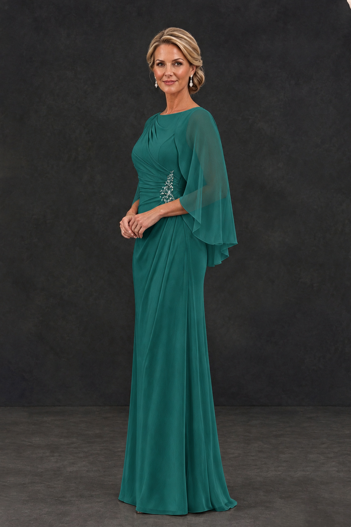 BOLODOO Teal Cape Sleeve Mother of the Bride Dress with Ruched Waist - Teal - Teal_3