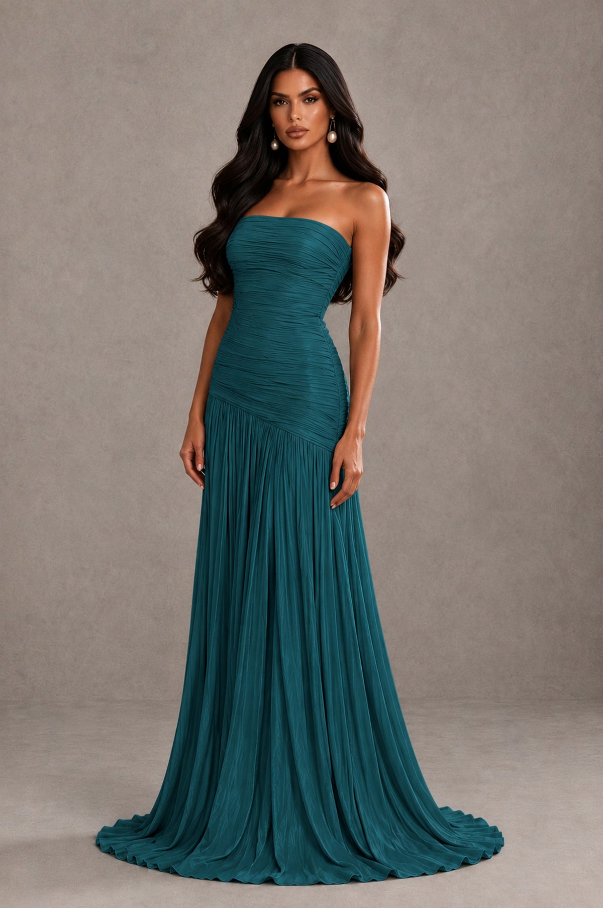 BOLODOO Teal Metallic Ruched Strapless Pleated A-Line Backless Maxi Dress with Train - Teal - Teal_3
