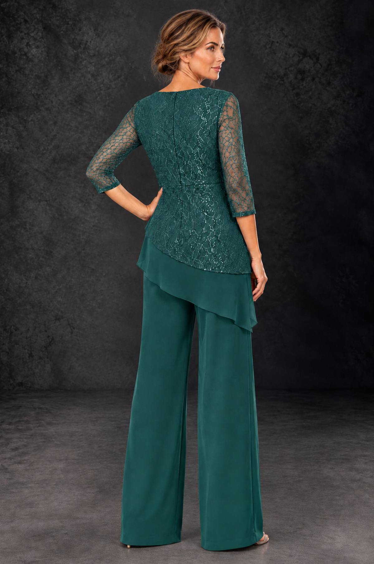 BOLODOO Teal Sequin Lace 3/4 Sleeve Chiffon Mother of the Bride Pant Suit - Teal - Teal_3