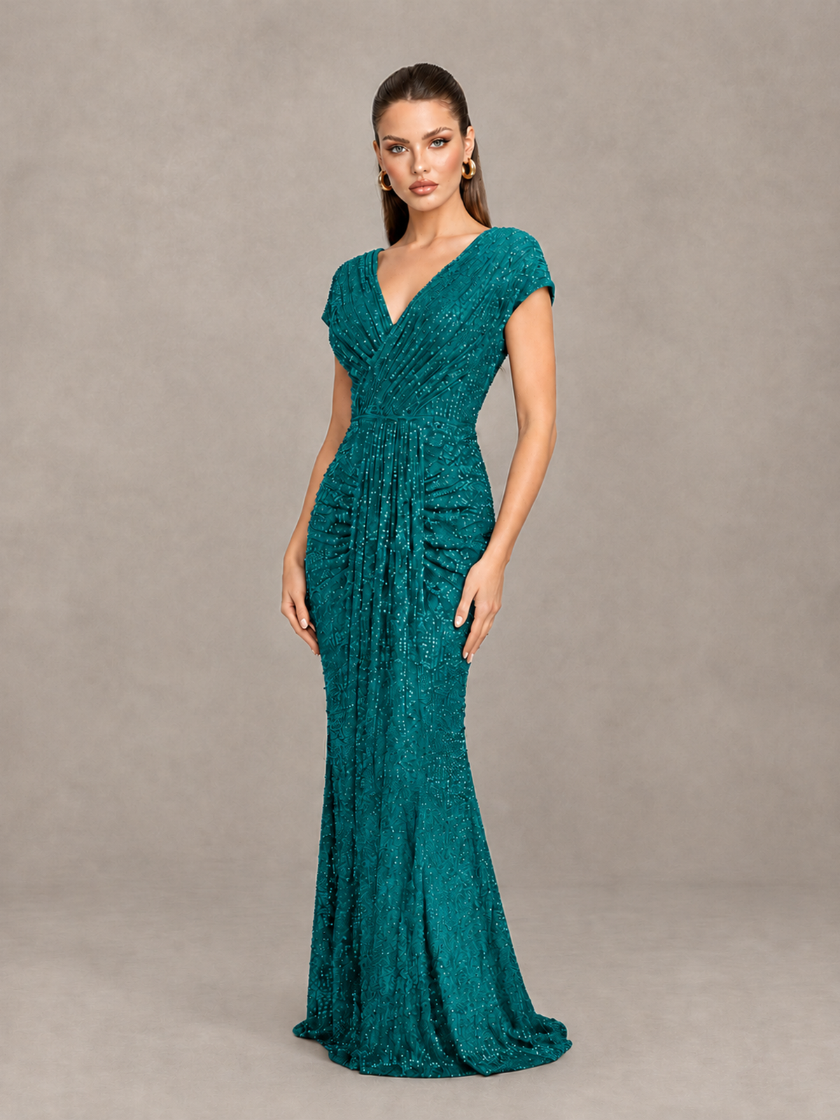 BOLODOO Teal Glitter V-Neck Cap Sleeve Ruched Mermaid Evening Gown - Teal - Teal_3