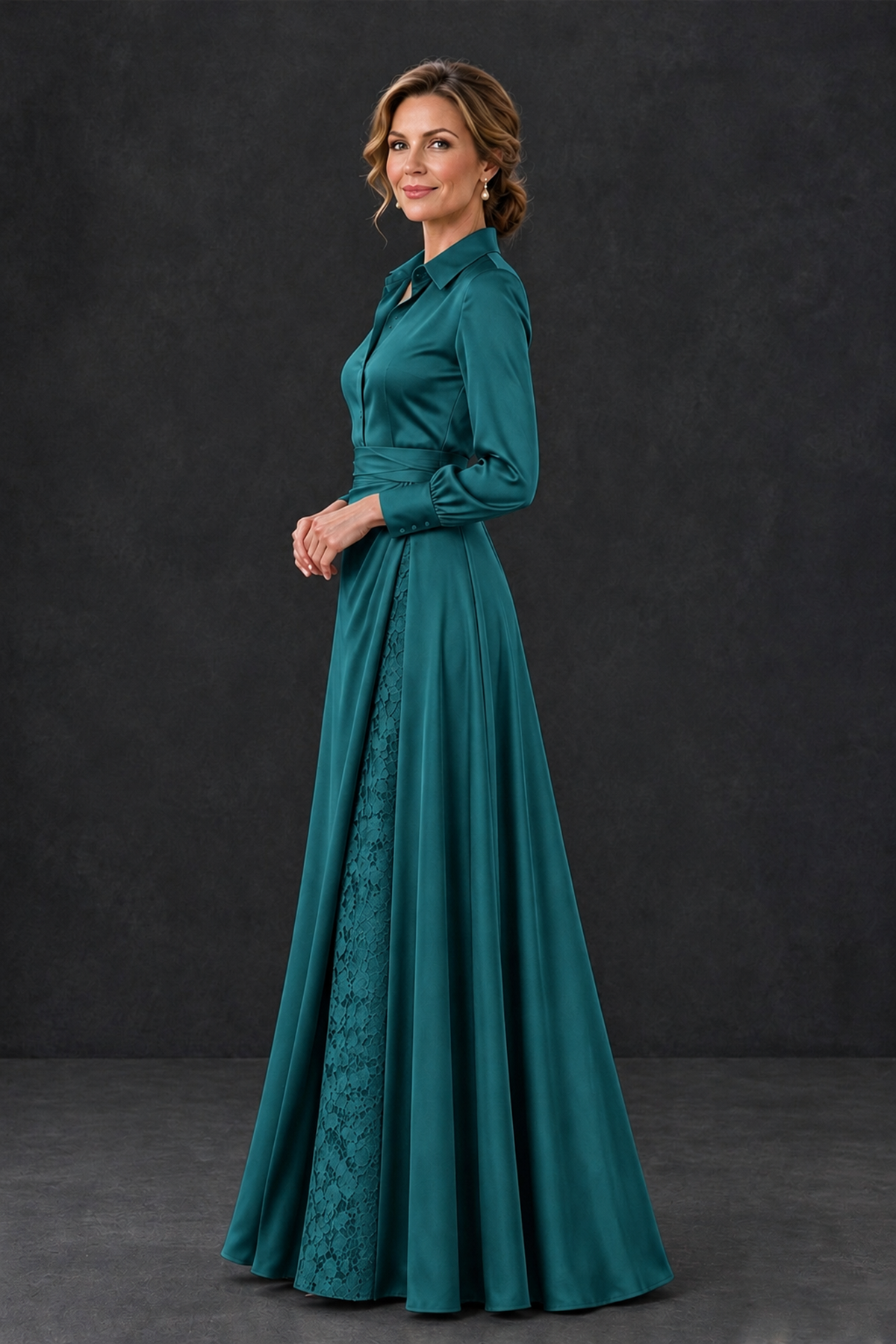 BOLODOO Teal Long Sleeve Satin-Look Lace Panel Gown - Teal - Teal_3