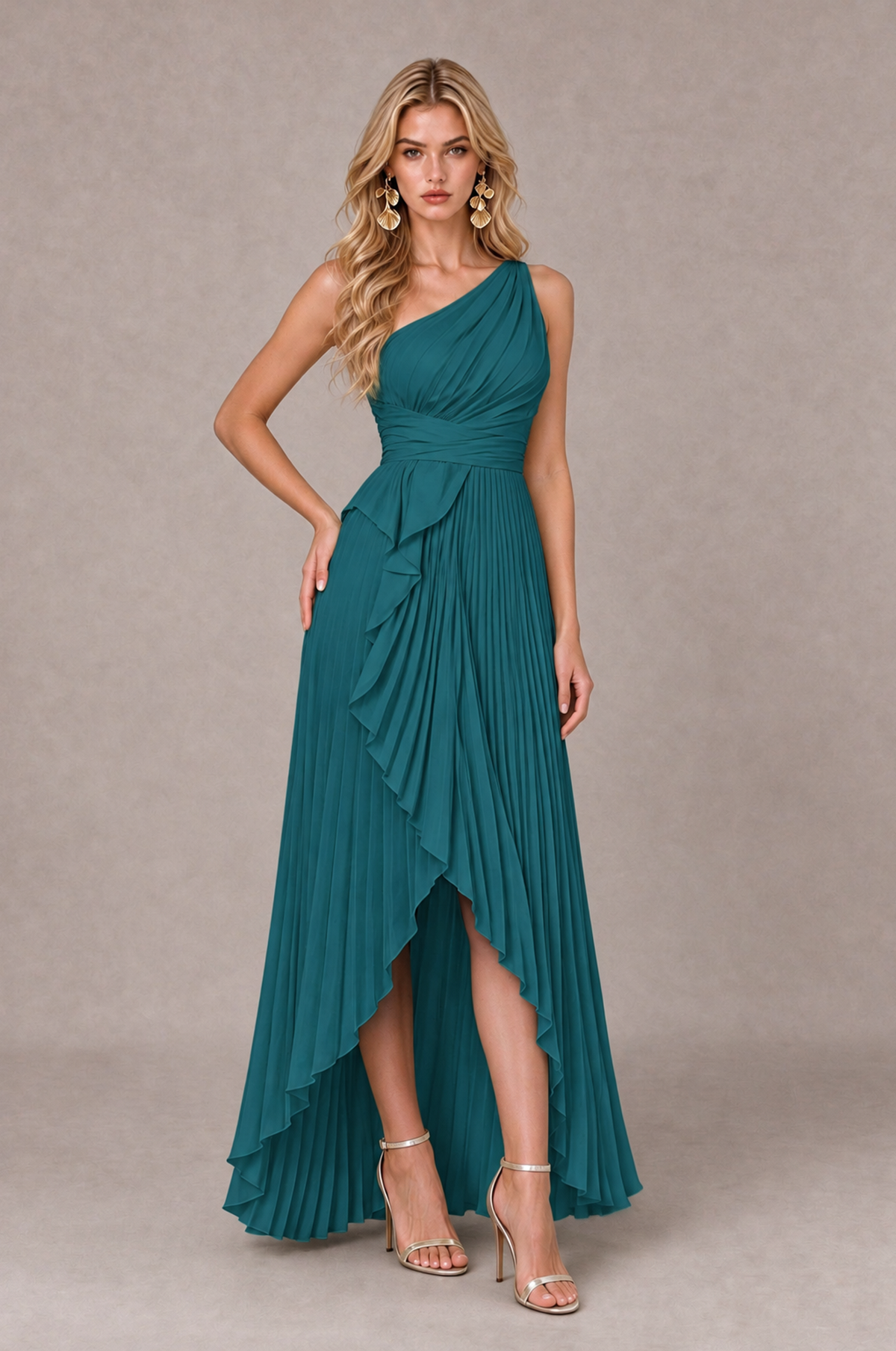 BOLODOO Teal One-Shoulder High-Low Ruffle Maxi Dress - Teal - Teal_3
