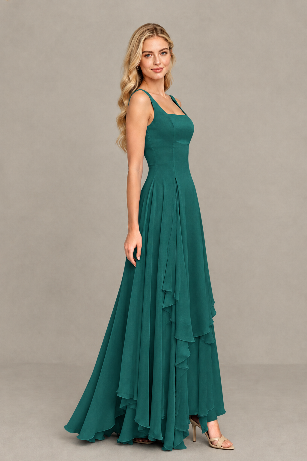 BOLODOO Teal Square Neck Chiffon Bridesmaid Dress with Lace-Up Back - Teal