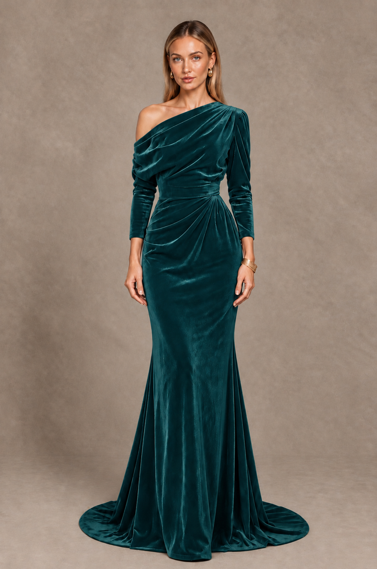 BOLODOO Teal Velvet Asymmetric Neck Mermaid Evening Dress - Teal - Teal_3