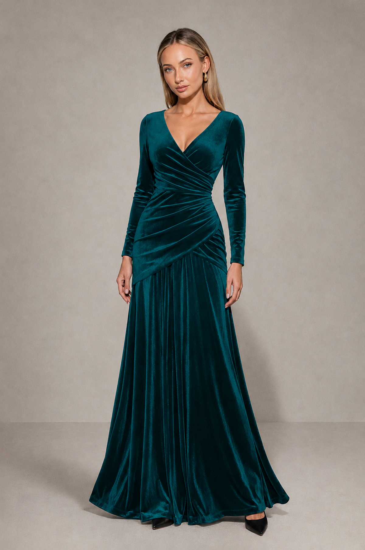 BOLODOO Teal Velvet Long Sleeve V-Neck Ruched Evening Dress - Teal - Teal_3