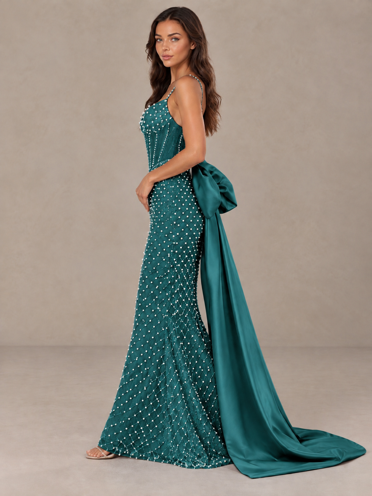 BOLODOO Teal Beaded Corset Prom Dress with Bow Train - Teal - Teal_3