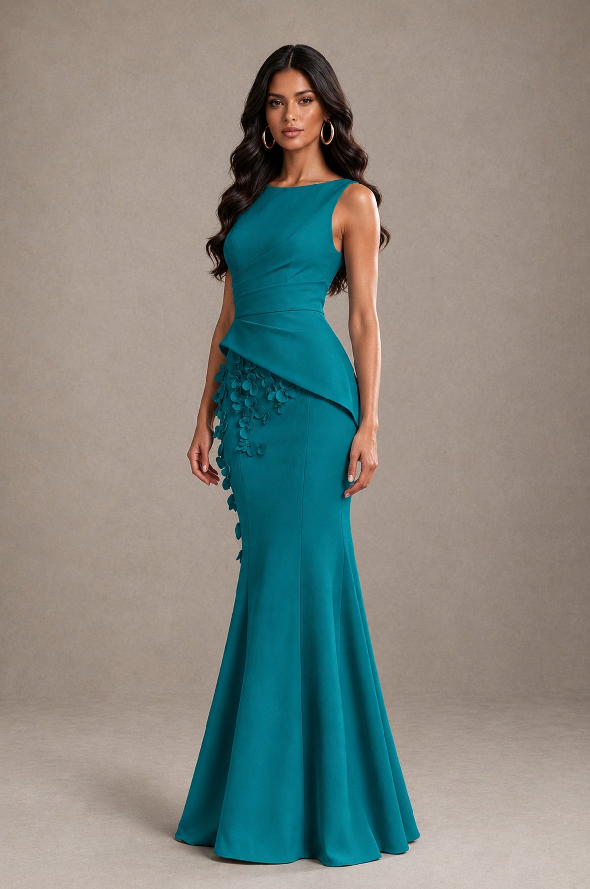 BOLODOO Teal Bateau Neck Sleeveless Asymmetric Peplum 3D Petal Appliqué Mermaid Gown BD0421 - Teal - Teal_3