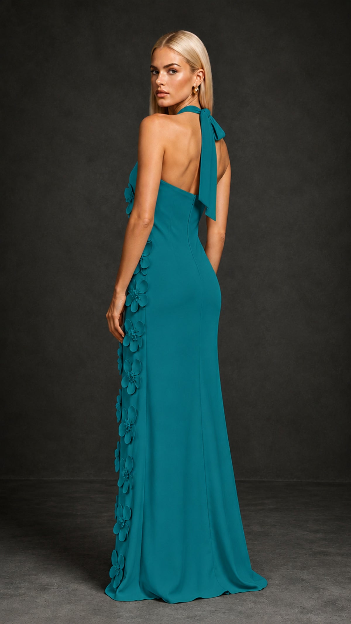BOLODOO Teal Cross Halter Neck 3D Floral Appliqué Backless Mermaid Maxi Gown - Teal
