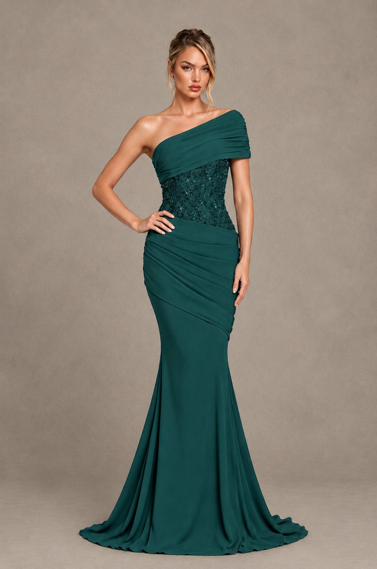 BOLODOO Teal One-Shoulder Sequin Embroidered Ruched Mermaid Gown with Train - Teal - Teal_3