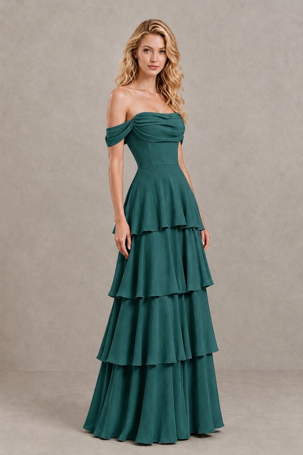 BOLODOO Teal Off-the-Shoulder Tiered A-Line Evening Bridesmaid Dress - Teal - Teal_3