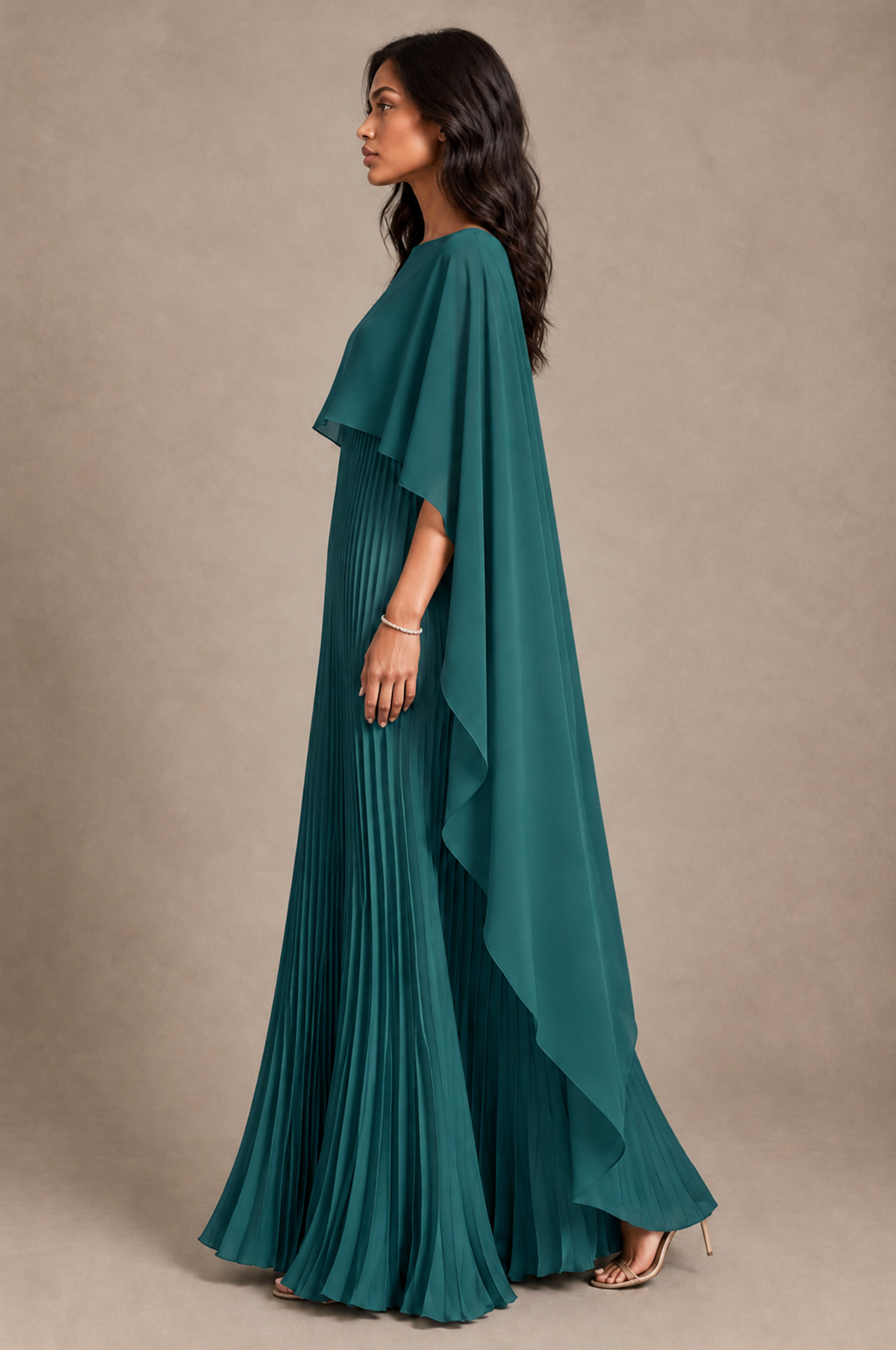 BOLODOO Teal Pleated Cape A-Line Evening Dress - Teal - Teal_3