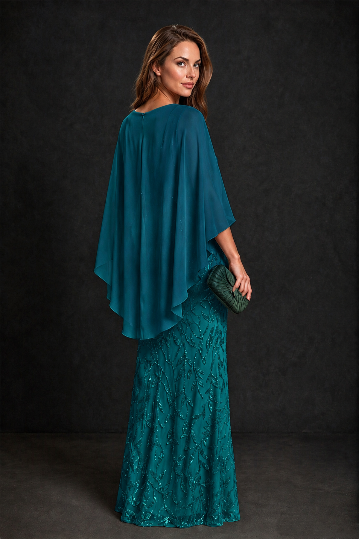 BOLODOO Teal Round Neck Chiffon Cape Overlay Sequin Lace Mermaid Maxi Dress - Teal - Teal_3
