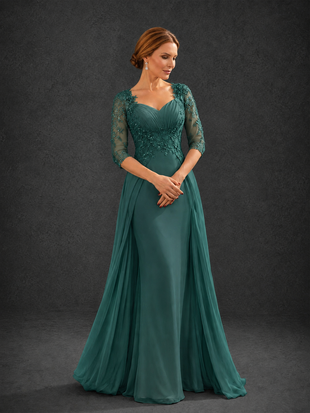 BOLODOO Teal Sweetheart Neck 3/4 Sleeve Floral Lace Illusion Bodice Chiffon A-Line Gown - Teal