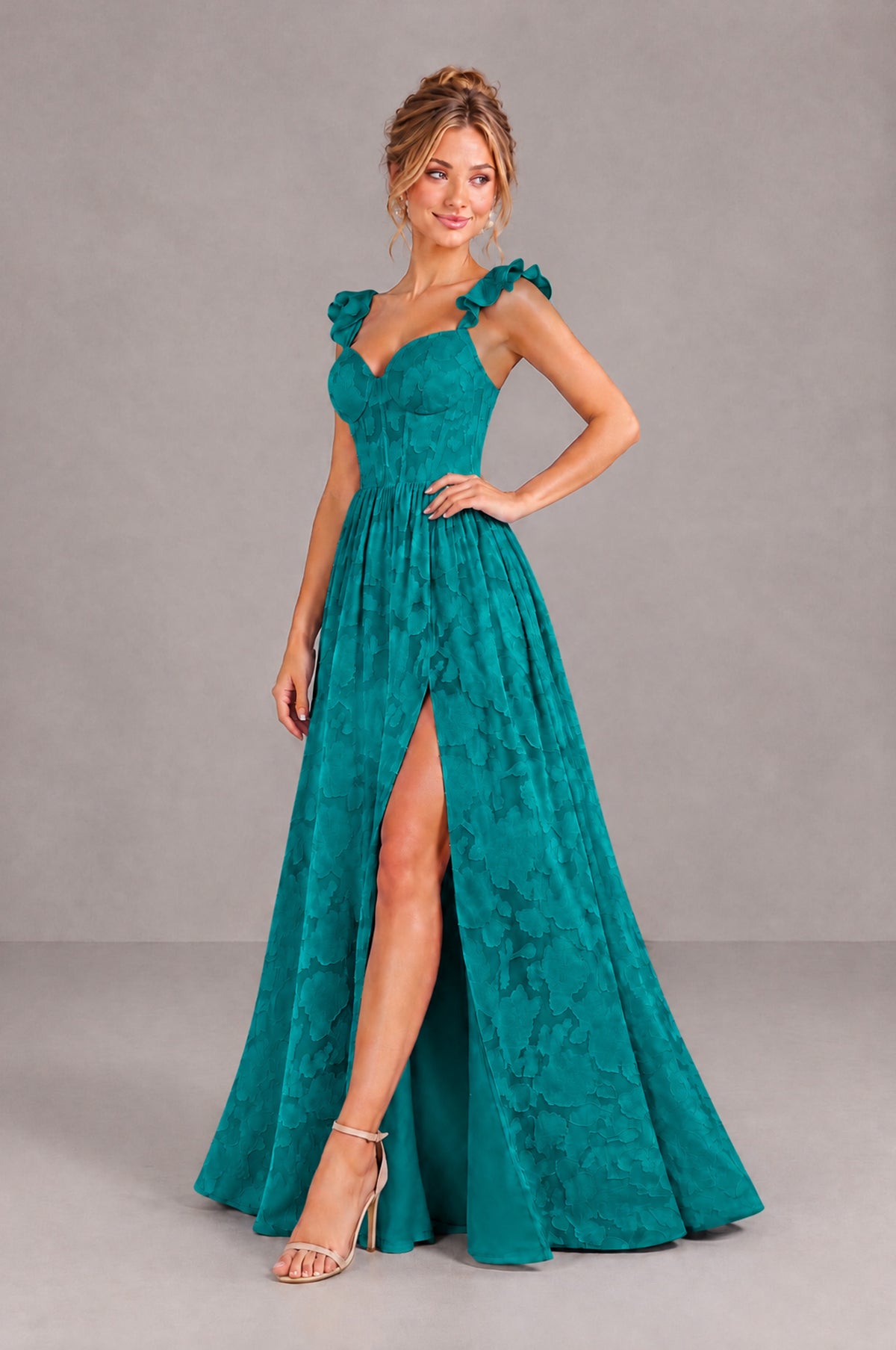 BOLODOO Teal Floral A-Line Bridesmaid Dress with Slit Ruffle Straps Maxi Gown - Teal - Teal_3