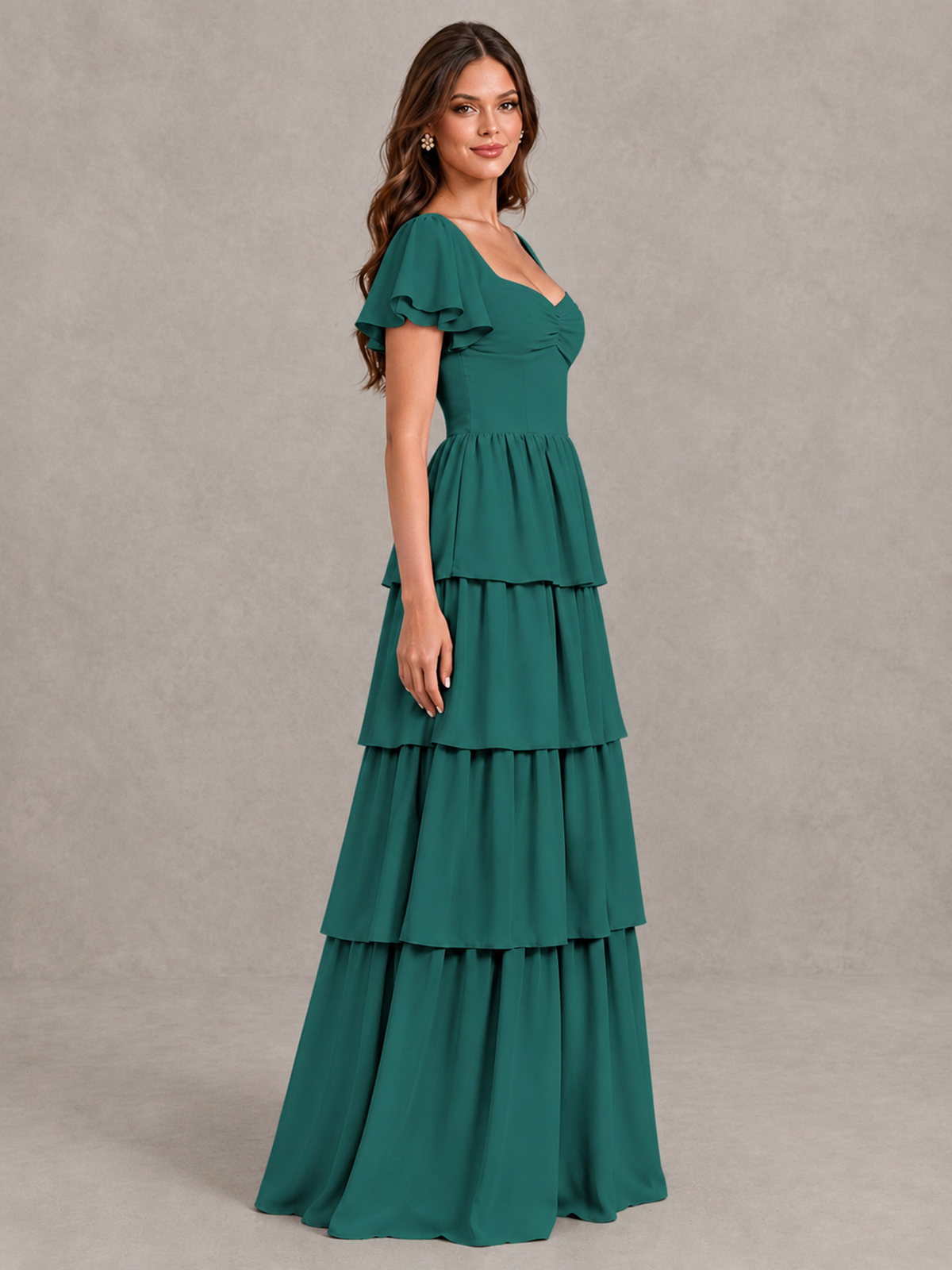 BOLODOO Teal Flutter Sleeve Tiered Maxi Bridesmaid Dress - Teal - Teal_3