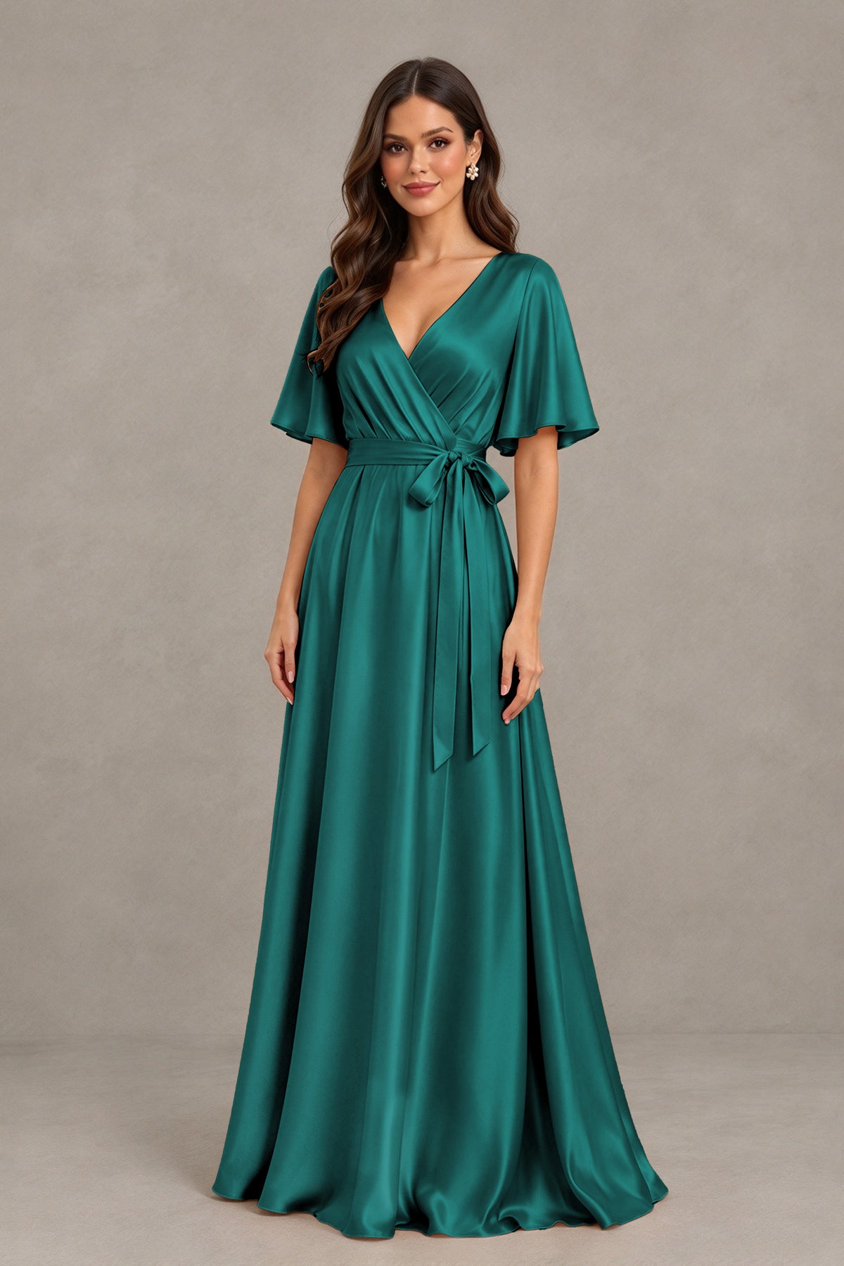 BOLODOO Teal Satin V-Neck Flutter Sleeve Bridesmaid Dress with Slit - Teal - Teal(3)