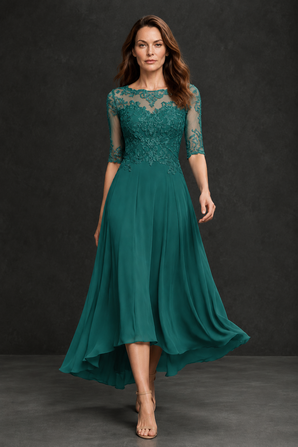 BOLODOO Teal Illusion Lace 3/4 Sleeve Hi-Lo Chiffon A-Line Dress | Mother of the Bride Tea Length Dress - Teal