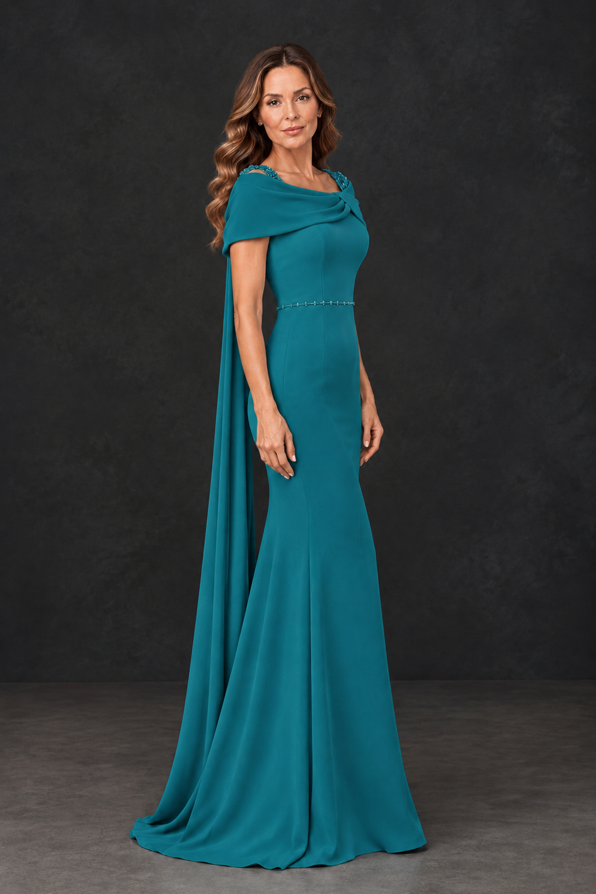 BOLODOO Teal Mother of the Bride Dress with Draped Cape Detail - Teal - Teal_3