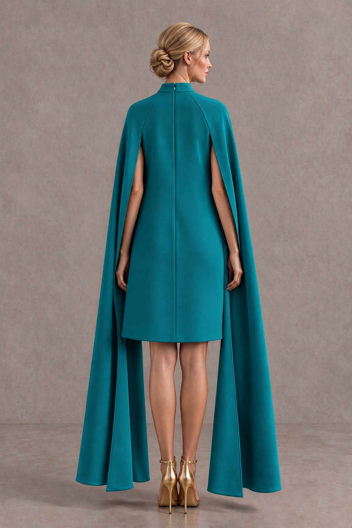 BOLODOO Teal High Neck Floral Cape Mini Cocktail Dress - Teal - Teal_3