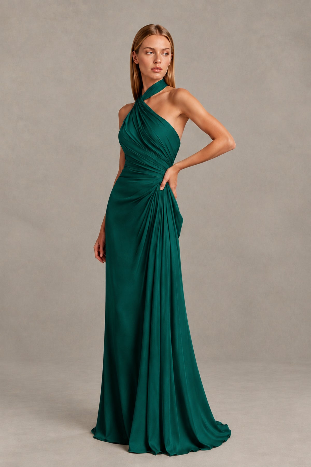 BOLODOO Teal Twisted Halter Neck Ruched Sleeveless Open Back Floor-Length Gown - Teal - Teal_3