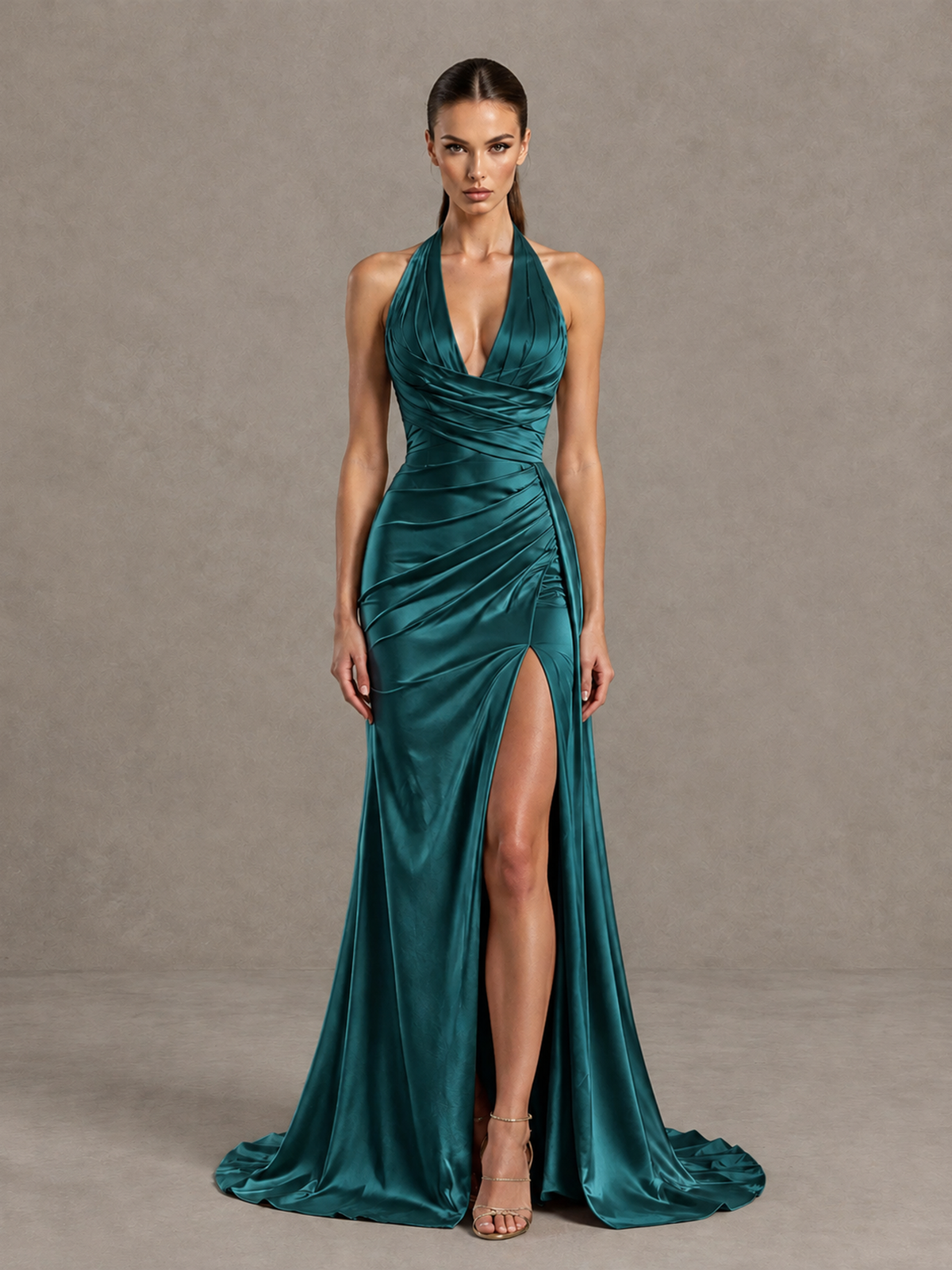 BOLODOO Teal Halter Satin Evening & Prom Dress with High Slit - Teal - Teal_3