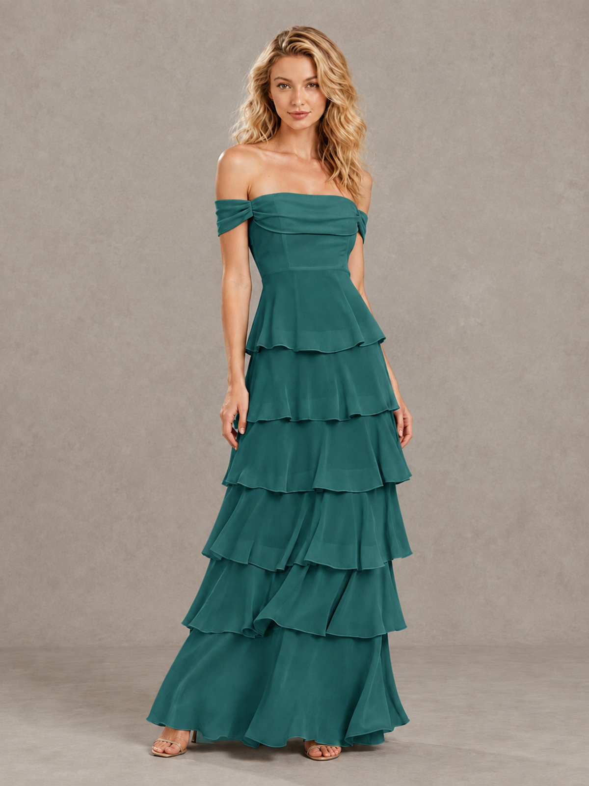 BOLODOO Teal Off-Shoulder Tiered Ruffle Bridesmaid Dress with Lace-Up Back - Teal - Teal_3