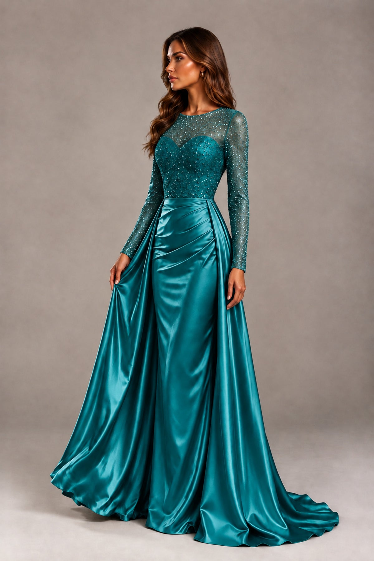 BOLODOO Teal Long Sleeve Embellished Satin Evening Gown with Sweep Train - Teal - Teal_3