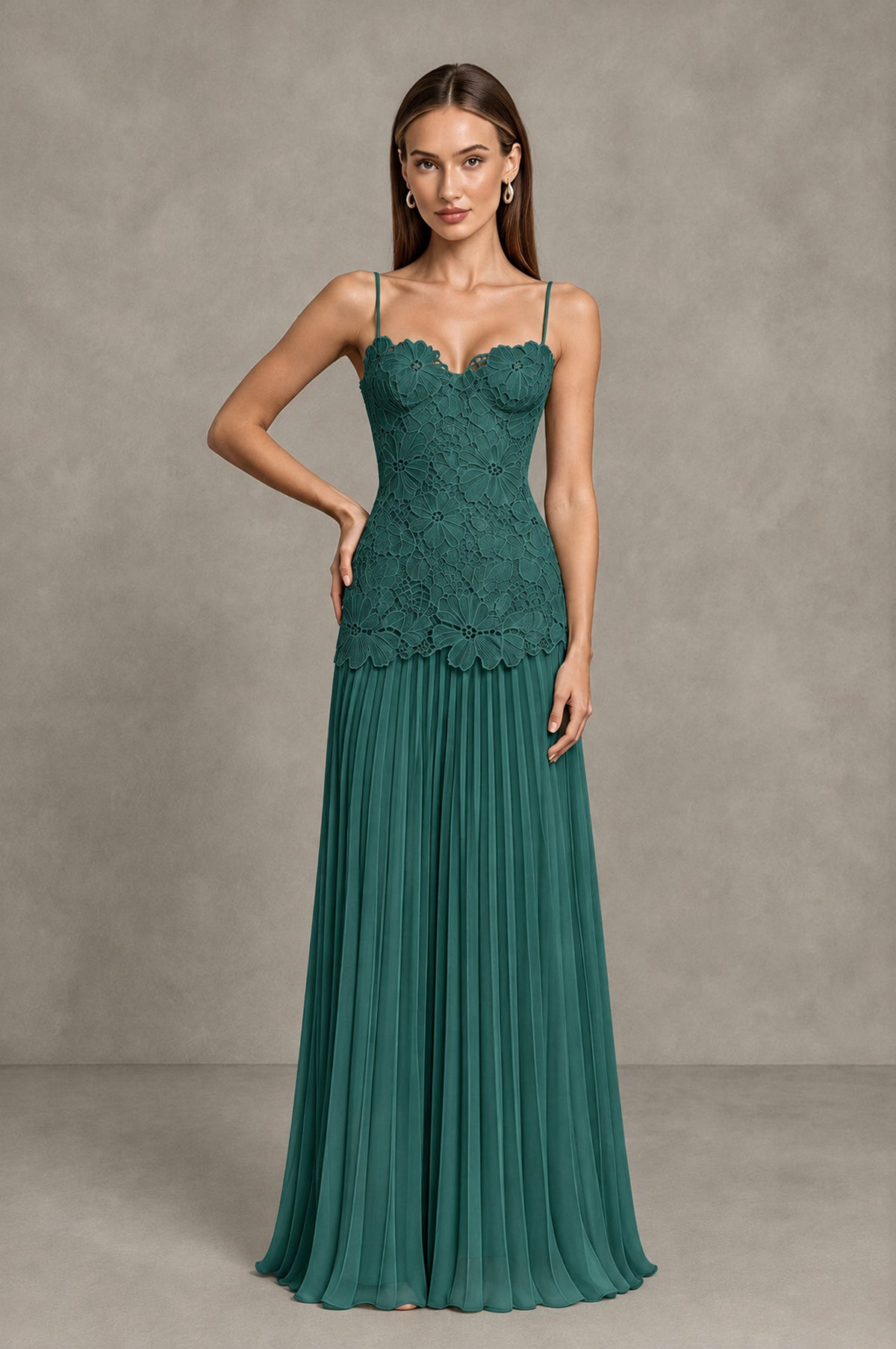 BOLODOO Teal Lace Bodice Pleated Wedding Guest Dress - Teal - Teal_3